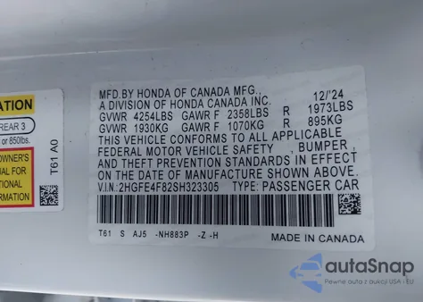 2025 Honda Civic Hybrid Sport/Sport Touring from USA, damaged, VIN 2HGFE4F82SH323305